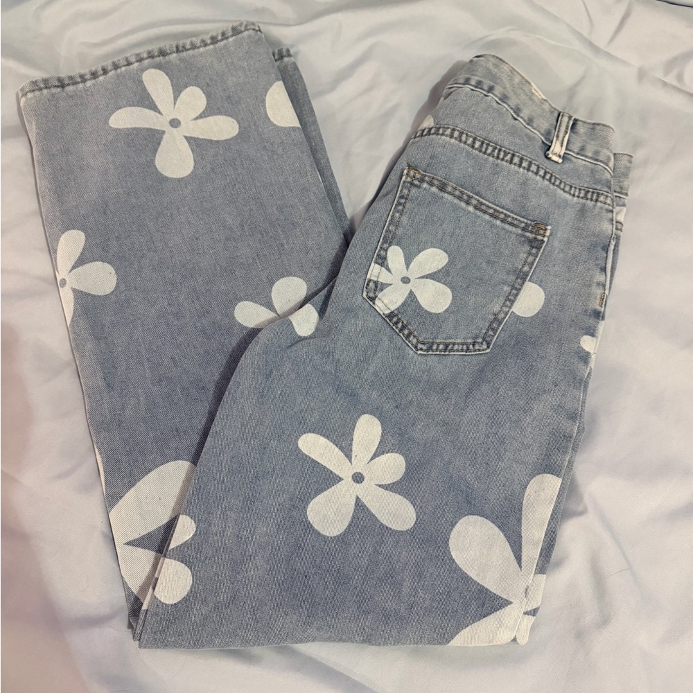 SHEIN Blue Floral Straight Leg Jeans